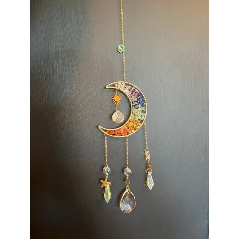 Rainbow Chakra Crystal Moon Suncatcher Gold Celestial Window Hanging